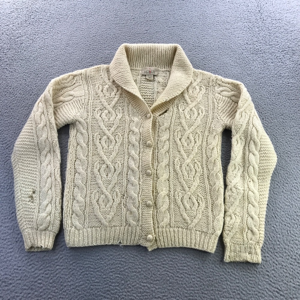 Vintage J.Crew Sweater Womens Medium Cream Oarsman Cable Knit Wool Cardigan